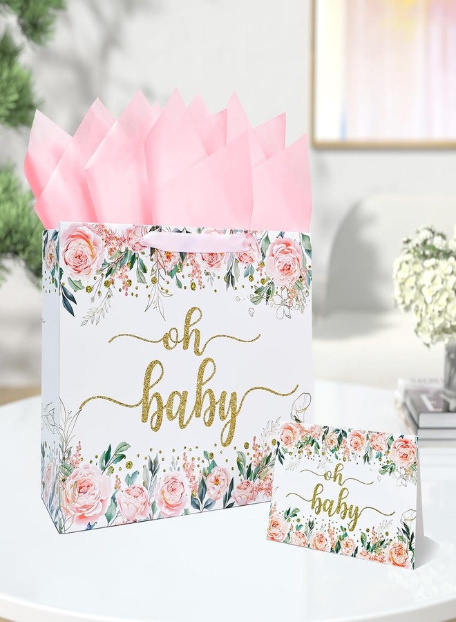 MUNILAIL 13 Inches Baby Girl Gift Bag for Baby Shower Floral Gift Bag with Handle Tissue Paper and Greeting Card for Baby Shower Birthday Party - Image 4
